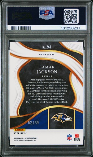2023 Panini Select Lamar Jackson Red Disco Prizm PSA 10 back