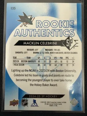 2024-25 SP - Macklin Celebrini - Rookie Authentics (Blue) - 135 back