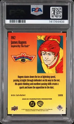 2025 Upper Deck DC X Fanimation Crossover James Hagens #FN2 Silver Rookie PSA 10 back