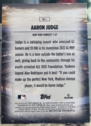 Topps 2025 Series 1 Aaron Judge Home Field Advantage HA-1 back