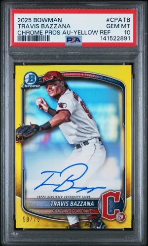 2025 Bowman Chrome Prospect Autographs Travis Bazzana Chrome Pros Au-Yellow Ref front