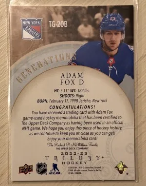 2022-23 Upper Deck Trilogy Adam Fox Generations Relic /99 back