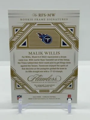2022 Panini Flawless Malik Wills Flawless Rookie On Card Auto /15 back