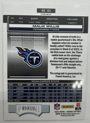 2022 Panini Honors Malik Willis Rookie Auto /15 back