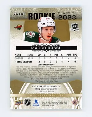 2022-23 Upper Deck The Cup MARCO ROSSI Rookie Card RC AUTO AUTOGRAPH PATCH GOLD #/10 - Minnesota Wild Vancouver Canucks back