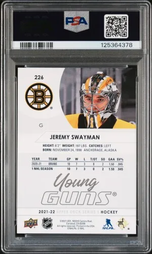 2021-2022 Upper Deck Jeremy Swayman Young Guns PSA 10 back