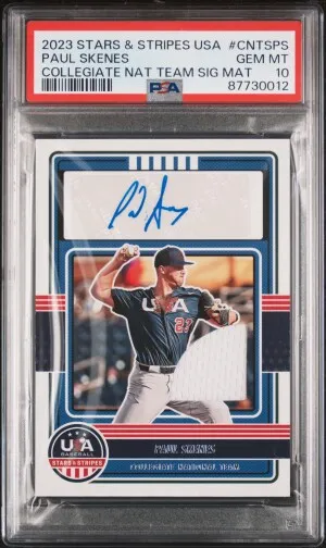 2023 PANINI STARS & STRIPES USA COLLEGIATE NATIONAL TEAM SIGNATURES MATERIALS #CNTSPS PAUL SKENES COLLEGIATE NAT TEAM SIG MAT front