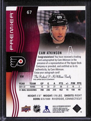 2023-24 Upper Deck Premier Hockey Cam Atkinson #67 Auto back
