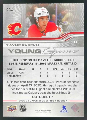 2025 Upper Deck Series 1 Outburst Silver #236 Zayne Parekh Young Guns RC back
