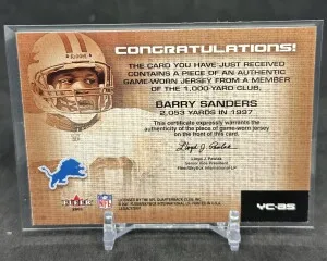 Barry Sanders 2001 Fleer Legacy 1000 Yard Club Game-Work Jersey Relic #YC-BS back