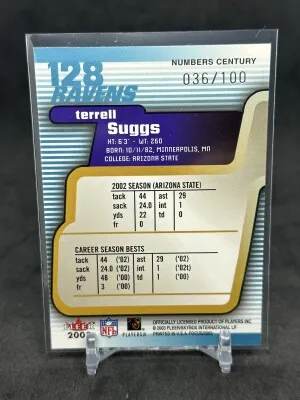 Terrell Suggs 2003 Fleer Focus Numbers Century /100 Rookie #128 Ravens back