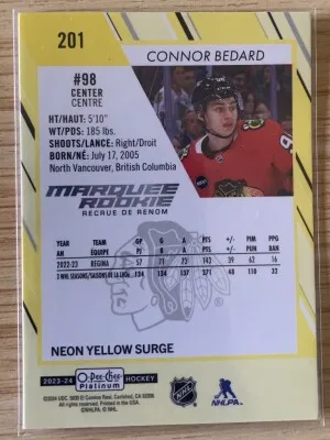 Connor Bedard 2023-24 OPC Platinum Marquee Rookie Neon Yellow Surge back