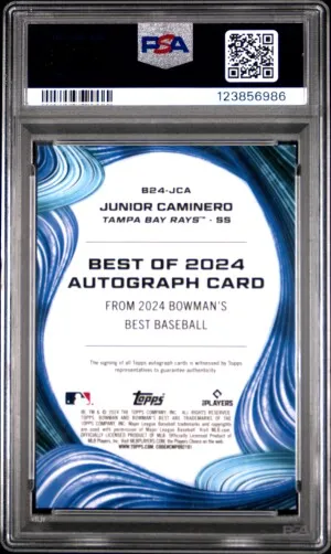 2024 Bowman's Best Best Of 2024 Autographs Junior Caminero Best Of 2024 Auto-Gold Ref PSA 9 back