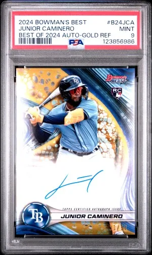 2024 Bowman's Best Best Of 2024 Autographs Junior Caminero Best Of 2024 Auto-Gold Ref PSA 9 front