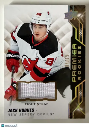2020 Upper Deck Premier Hockey Jack Hughes Fight Strap 04/15 front