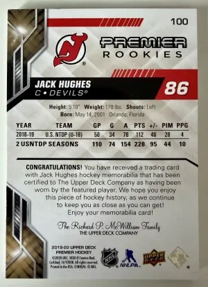 2020 Upper Deck Premier Hockey Jack Hughes Fight Strap 04/15 back