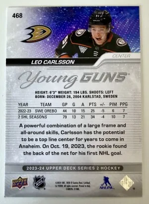 2023 Upper Deck Series 2 Hockey Leo Carlsson Outburst Silver Rookie back
