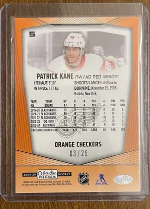 2024-25 O-Pee-Chee Platinum ORANGE CHECKERS - PATRICK KANE #5 - 08/25 back