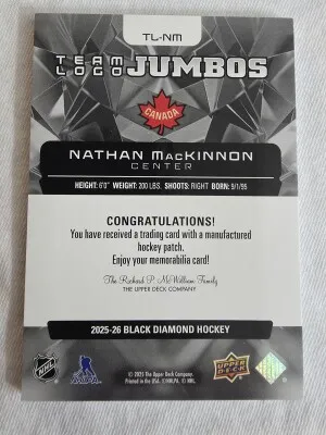 2025-26 Black Diamond Nathan MacKinnon Team Logo Jumbos Card #TJ-NM back