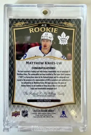 2023 Upper Deck Stature Matthew Knies Rookie Patch Auto 20/49 back
