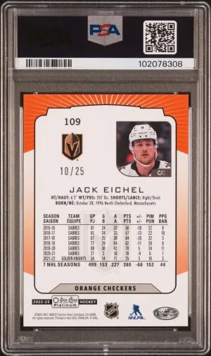 2022 O-Pee-Chee Platinum Jack Eichel Orange Checkers 10/25 PSA 10 back