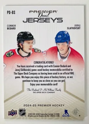 2024 Upper Deck Premier Dual Jerseys Connor Bedard Juraj Slafkovsky 02/99 back