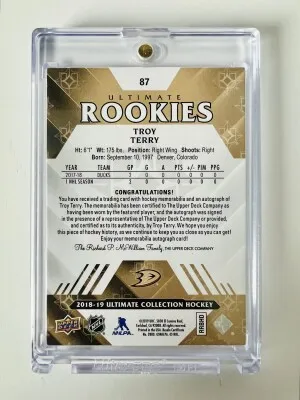2018-19 Upper Deck Ultimate Collection Ultimate Rookies Troy Terry Patch back