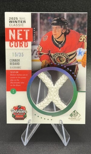 2025 UPPER DECK SP GAME USED CONNOR BEDARD WINTER CLASSIC NET CORD RELICS /35 front