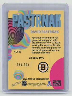 2023-24 SkyBox Metal Universe Hockey Z-Force David Pastrnak #4of50 Rave 363/399 back