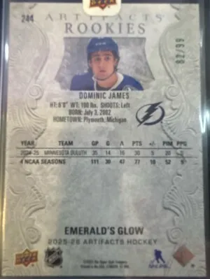 2025-26 Artifacts Rookies Dominic James Emeralds Glow 82/99 back