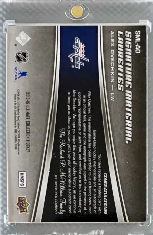 2015-16 UD Ultimate Alexander Ovechkin Signature Material Laureates Auto /15 back