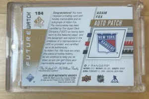 2019-20 Sp Authentic Adam Fox Future Watch Auto Patch /100 back