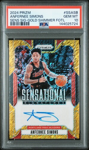 2024 Panini Prizm Sensational Signatures Anfernee Simons Sens Sig-Gold Shimmer Fotl PSA 10 POP 2 front