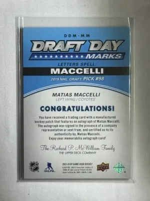 2023-24 Upper Deck SP Game Used Draft Day Marks Matias Maccelli #DDM-MM "A" /35 back