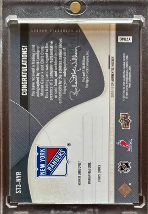 2010-11 SPA Sign Of The Times 3 Henrik Lundqvist, Marian Gaborik, Chris Drury Auto /25 back