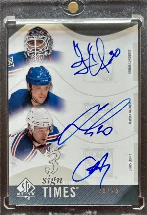 2010-11 SPA Sign Of The Times 3 Henrik Lundqvist, Marian Gaborik, Chris Drury Auto /25 front
