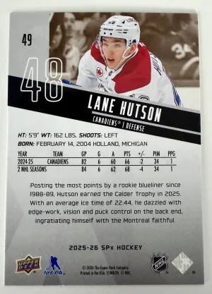 2025 Upper Deck SPx Hockey Lane Hutson back