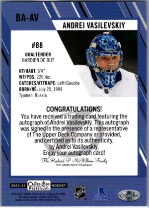 2023-24 O-Pee-Chee Platinum Blue Rainbow Auto Andrei Vasilevskiy #BA-AV back