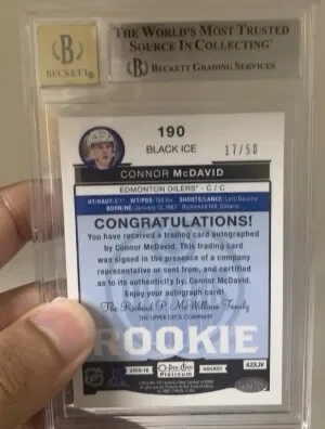 2015  OPC Platinum Black Ice Connor McDavid RC #24 /50 BGS 9 Auto 10 back