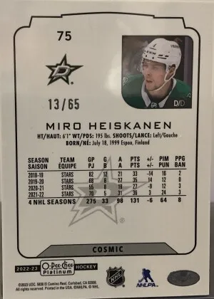 Miro Heiskanen O-Pee-Chee Platinum Cosmic /65 back