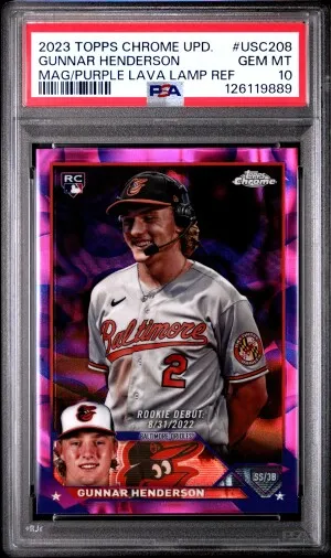 2023 Topps Chrome Update Gunnar Henderson Mag/Purple Lava Lamp Ref /299 PSA 10 front