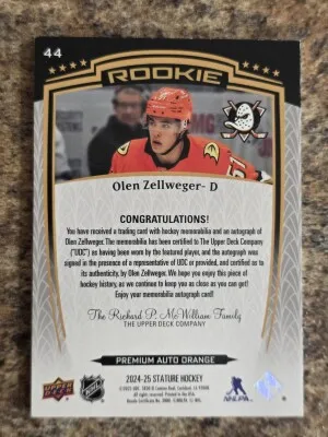 2024-25 UD Stature Hockey Red #44 Olen Zellweger RPA RC 3-Color Patch AUTO /15 Premium Auto Orange back
