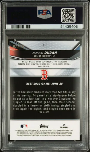 2022 Bowman's Best Jarren Duran Gold Refractor /50 RC PSA 10 back