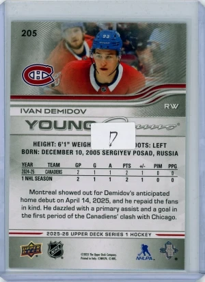 2025-26 Upper Deck Series One Young Guns Rookie #205 Ivan Demidov back