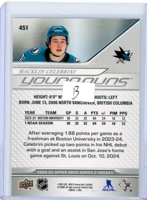 2024-25 Upper Deck Series Two Young Guns #451 Macklin Celebrini back