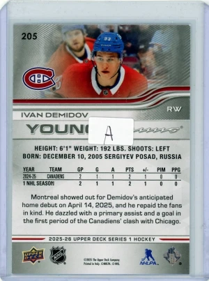 2025-26 Upper Deck Series One Young Guns Rookie #205 Ivan Demidov back