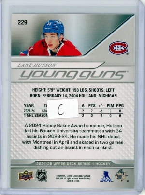 2024-25 Upper Deck Series One Young Guns Rookie #229 Lane Hutson back