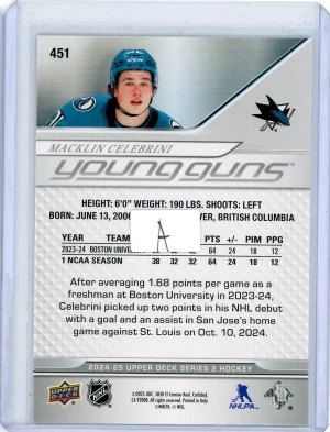 2024-25 Upper Deck Series Two Young Guns #451 Macklin Celebrini back