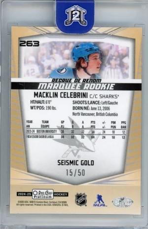 2024-25 UD O-Pee-Chee Platinum Seismic Gold Marquee Rookie /50 Macklin Celebrini back