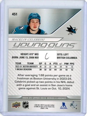 2024-25 Upper Deck Series Two Young Guns #451 Macklin Celebrini back